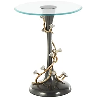 22.75" Black Aluminum Floral Twisted Vine Accent Table with Gold & Silver Accents & Glass Tabletop