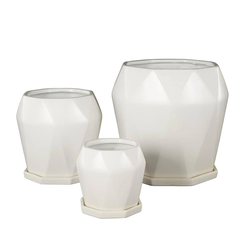 White Faceted Ceramic Planter Set