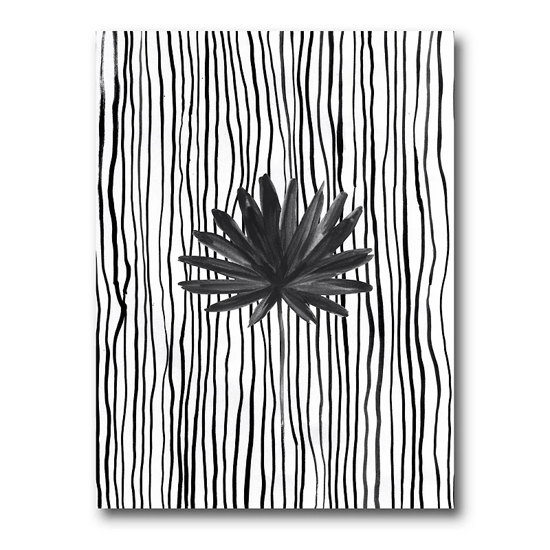 Designart - Black and White Tropical Leaf On Striped III