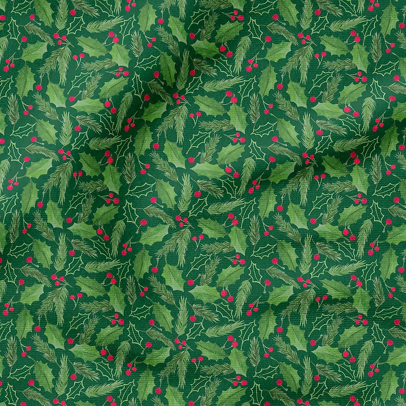 Fabric Editions Green Holly & Berries Cotton Fabric