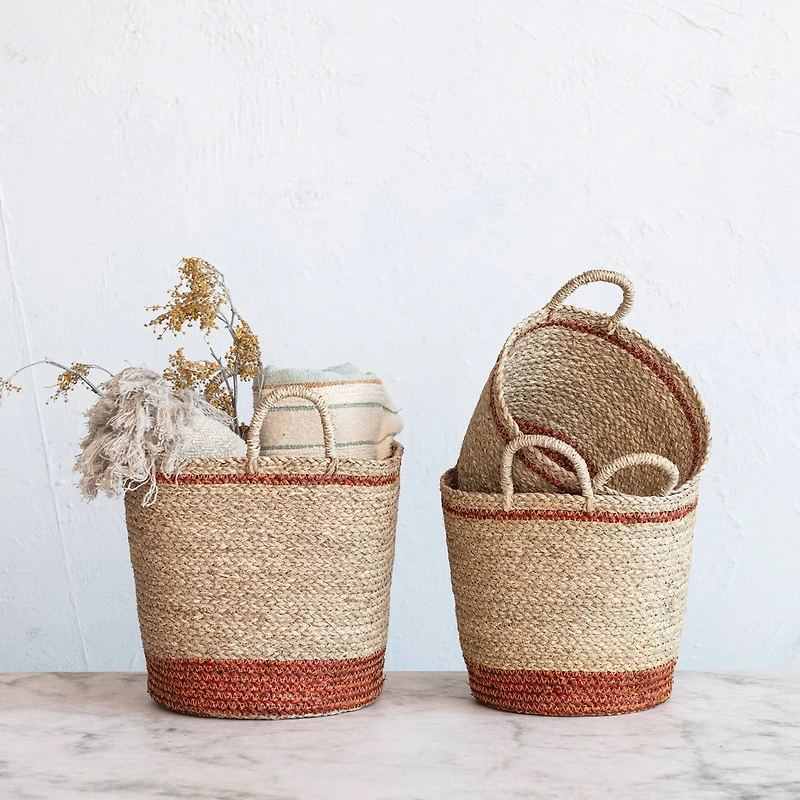 Hello Honey® Natural & Brown Striped Woven Seagrass Handled Nesting Basket Set
