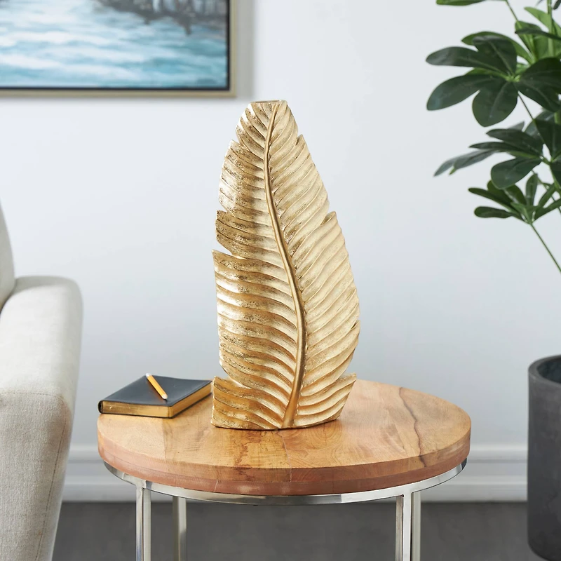 17.5" Gold Metallic Curved Leaf Polystone Vase