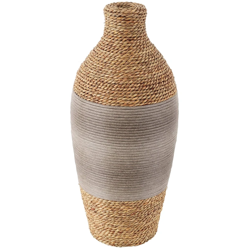 19" Brown Seagrass Handmade Wrapped Vase with Layered Gray Paneling