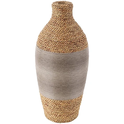 19" Brown Seagrass Handmade Wrapped Vase with Layered Gray Paneling
