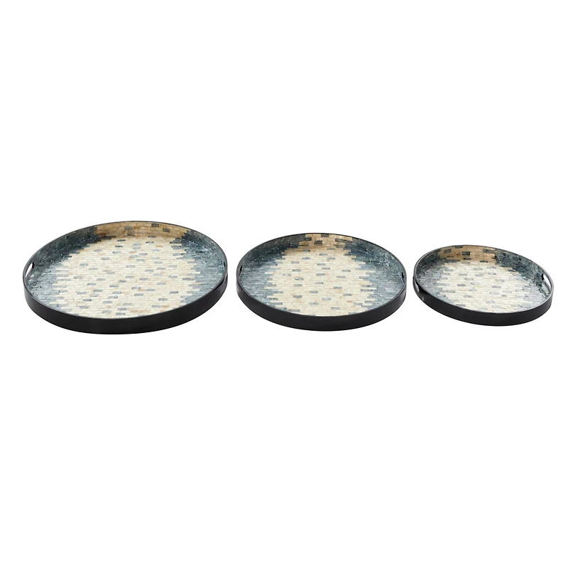 Set of 3" Black Mother of Pearl Coastal Tray, 24", 20", 16"