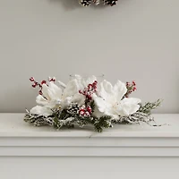 17" Frosted Magnolia & Berry Artificial Arrangement Candelabrum