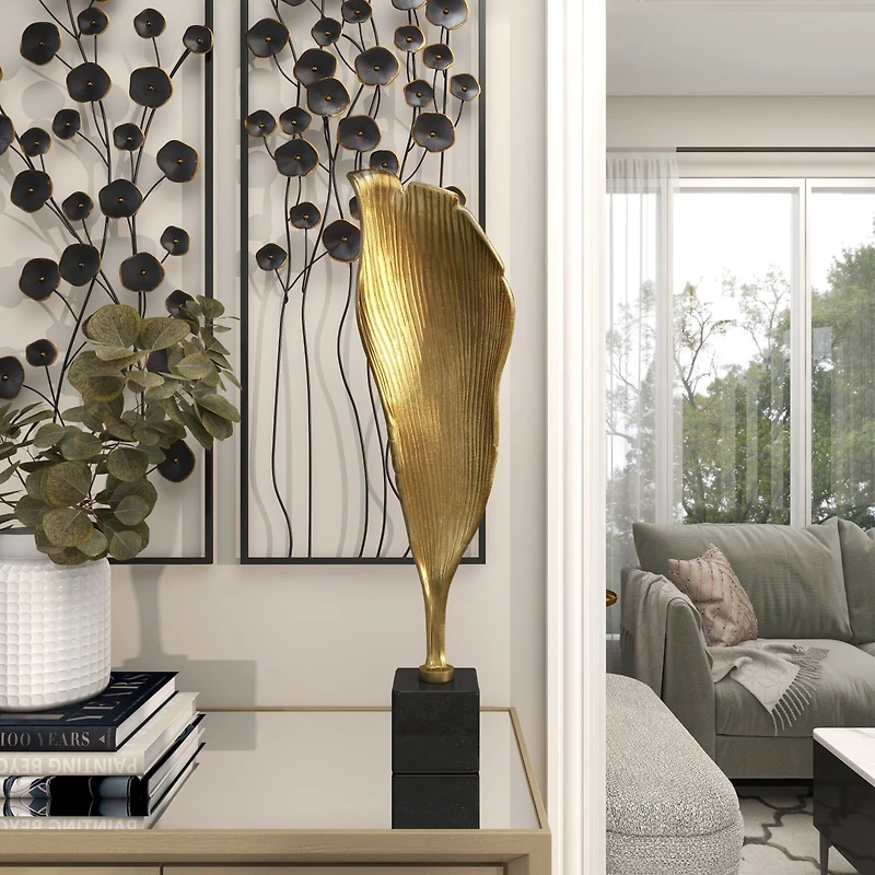 39.75" Gold Aluminum Textured Abstract Leaf Sculpture Décor