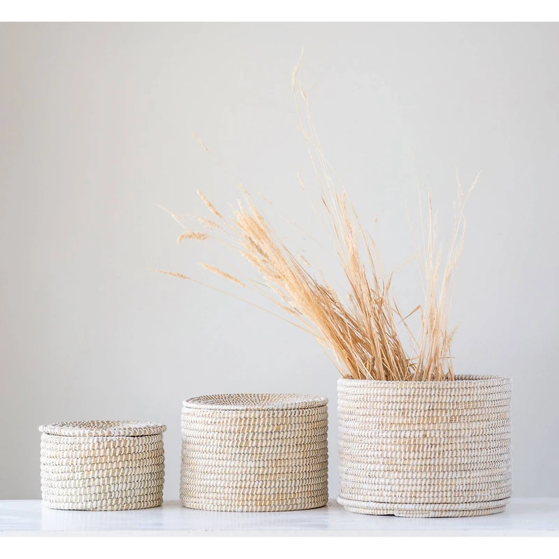 Hello Honey® Whitewashed Woven Seagrass Baskets with Lids Set