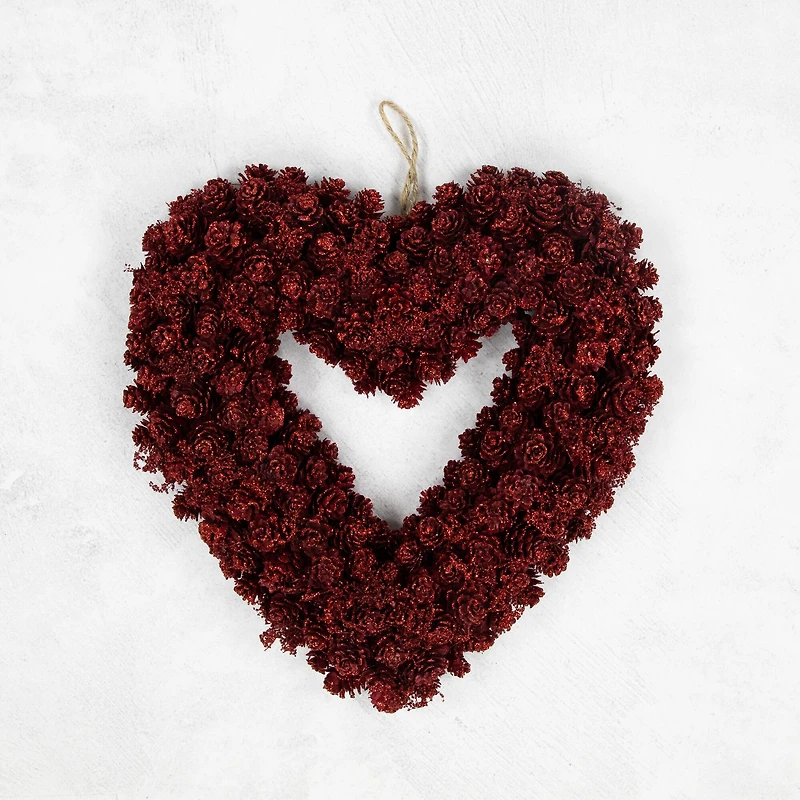 14" Red Valentine's Day Wooden Pinecone Rose Heart Wreath
