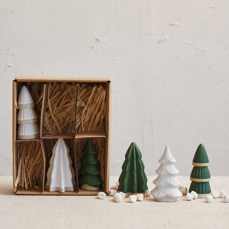 Hello Honey® Green, White & Unglazed Stoneware Christmas Tree Set