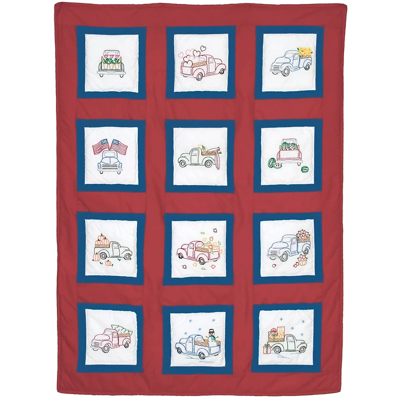 Jack Dempsey Trucks for all Seasons Themed Stamped White Quilt Blocks