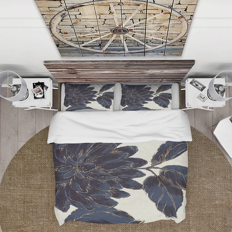 Designart 'Indigo Gold Metallic Flower' Farmhouse Bedding Set