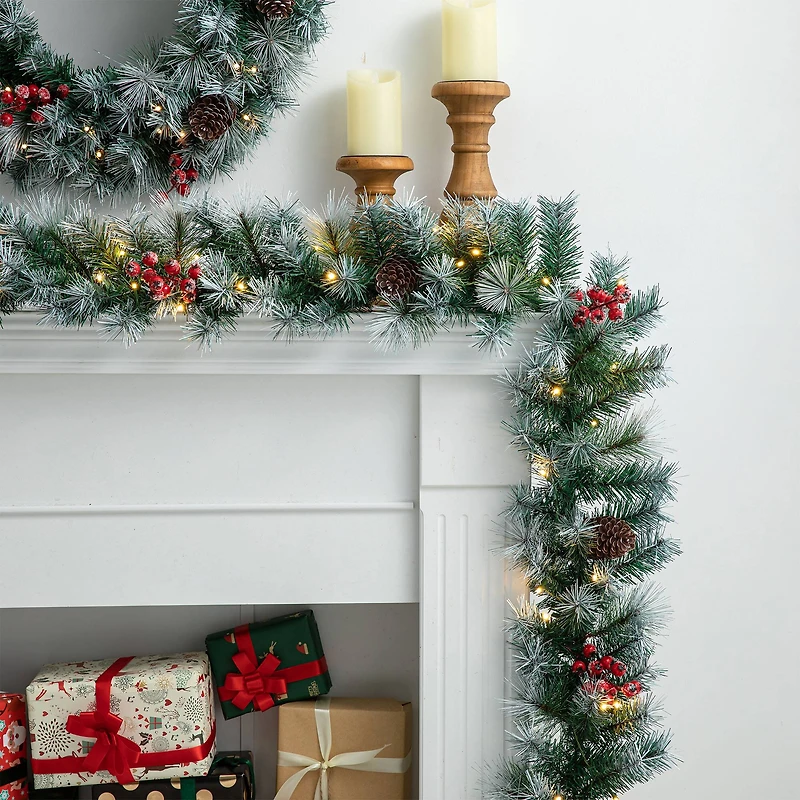 Glitzhome® 2 Pack 9ft. Pre-Lit Greenery Pinecones & Red Berries Christmas Garland