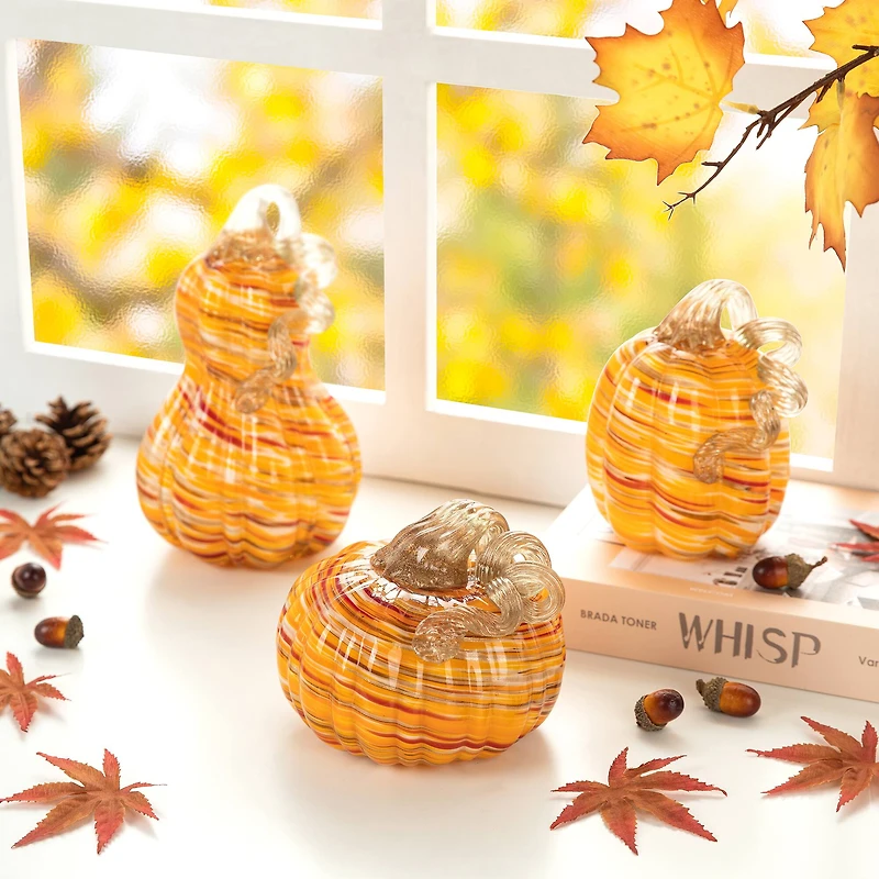 Glitzhome® Multi Stripes Glass Pumpkin & Gourd Set