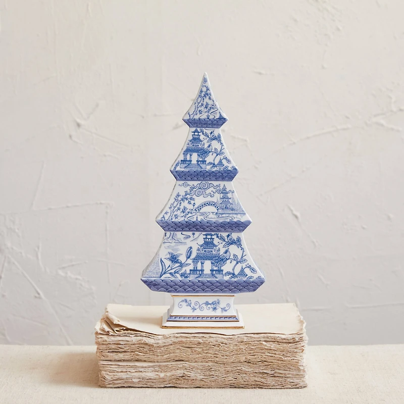 Hello Honey® 12.25" Blue & White Pagoda Pattern Ceramic Tree with Gold Electroplating
