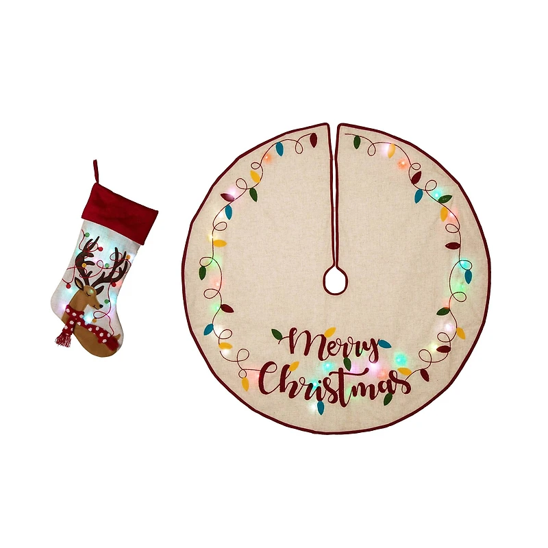 Glitzhome® LED Embroidered Linen Christmas Stocking & Tree Skirt Set