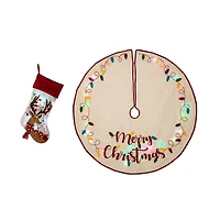 Glitzhome® LED Embroidered Linen Christmas Stocking & Tree Skirt Set