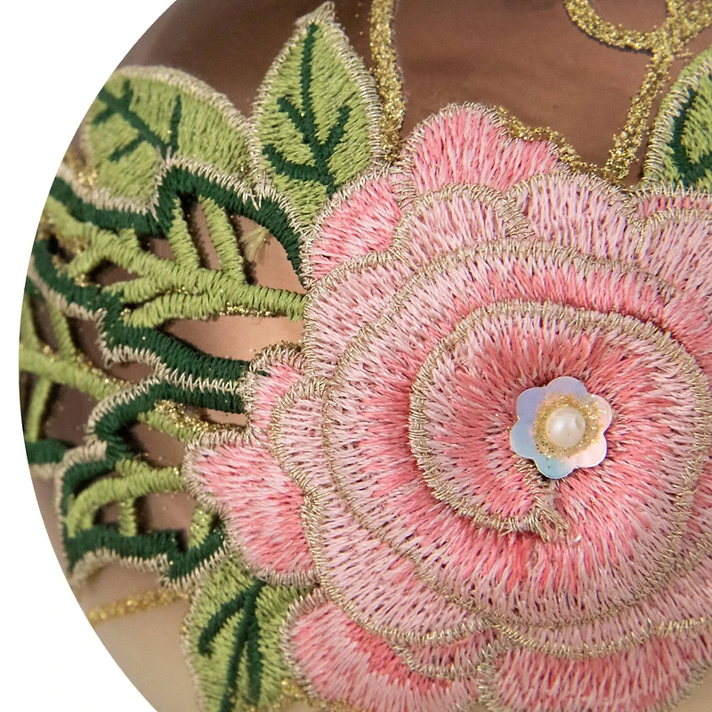 5" 2-Finish Brown & Pink Floral Applique Glass Ball Ornament