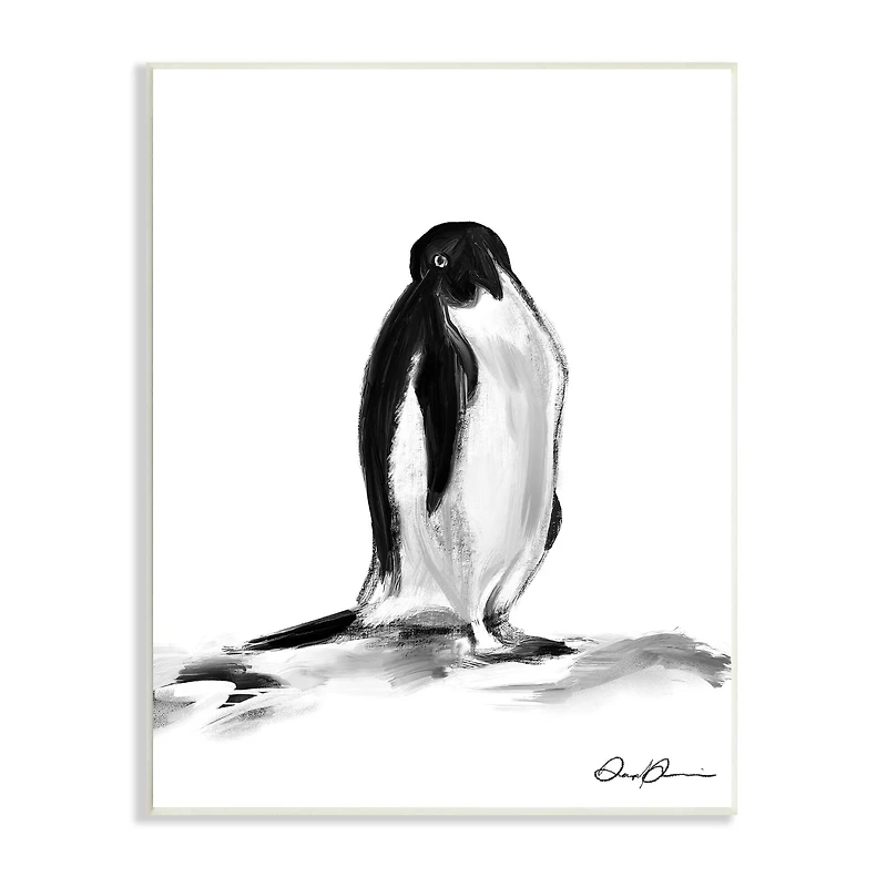 Stupell Industries Bashful Penguin Arctic Snow Bird Minimal Black White Wall Plaque