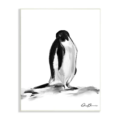 Stupell Industries Bashful Penguin Arctic Snow Bird Minimal Black White Wall Plaque