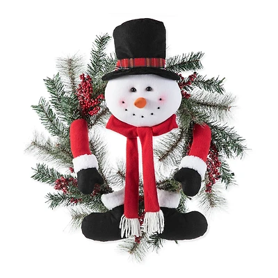 Glitzhome® 24" Snowman Flocked Pine Needle & Berry Wreath