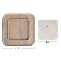 Hello Honey® 13.5" White Marble & Wood Cutting Board on a Dish