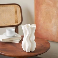 White Ceramic Abstract Ribbed Dimensional Wavy Vase with Floral Shaped Rim