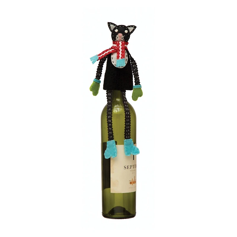 Hello Honey® 10" Handmade Fabric & Wool Felt Cat in Scarf Bottle Topper with Embroidery & Applique