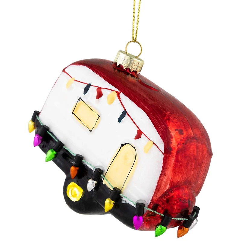 Decked Out Holiday Camper Glass Christmas Ornament - 3" - White and Red