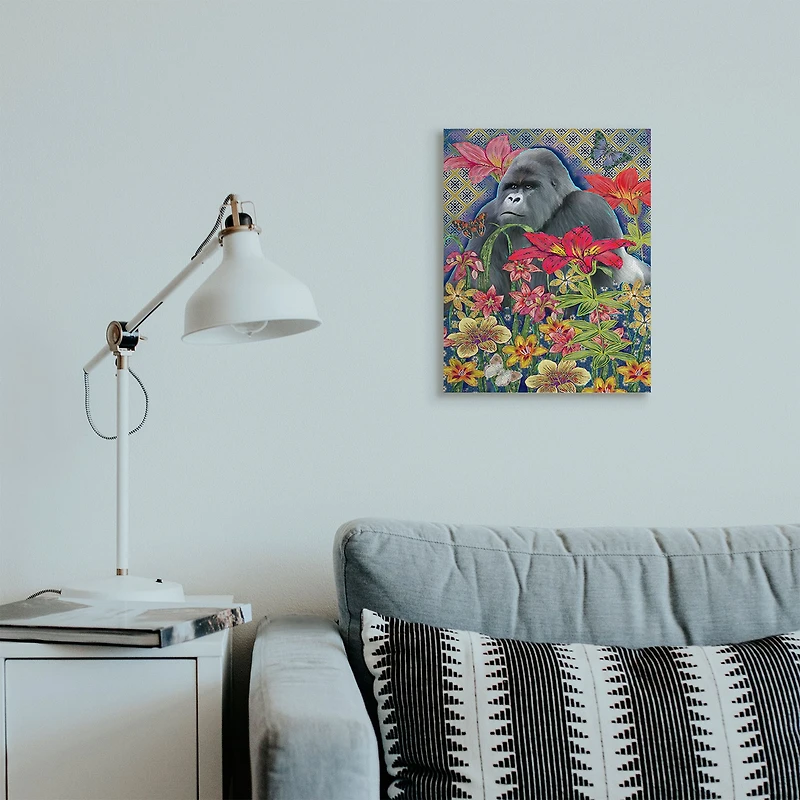 Stupell Industries Gorilla Standing Behind Tropical Florals Geometric Pattern Canvas Wall Art