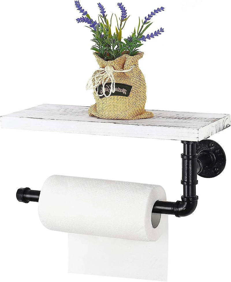 Wall-Mount Whitewashed Wood & Iron Toilet Paper Holder