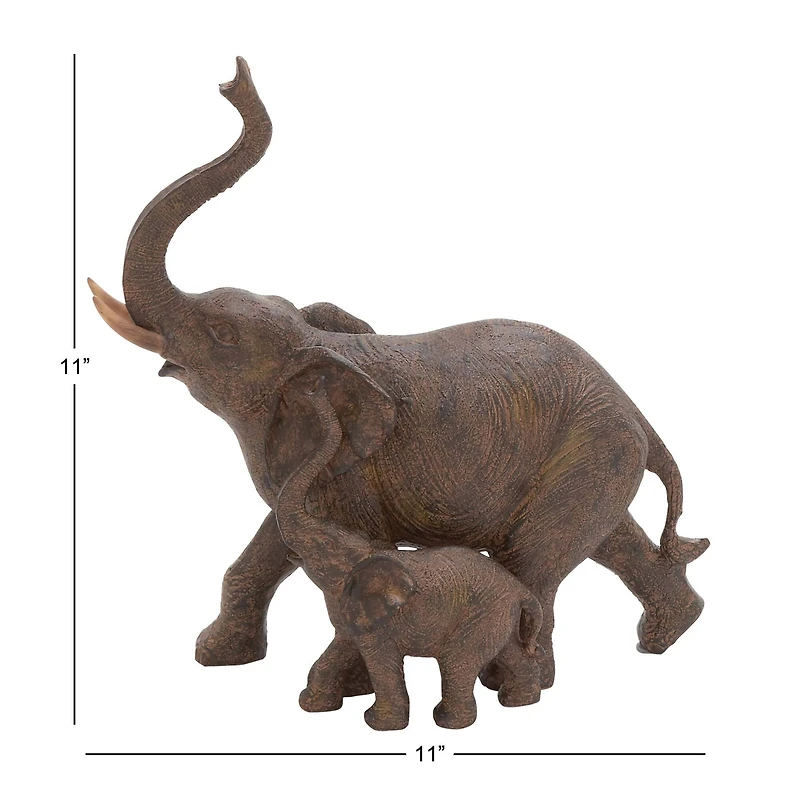 11" Brown Eclectic Polystone Elephants Sculpture