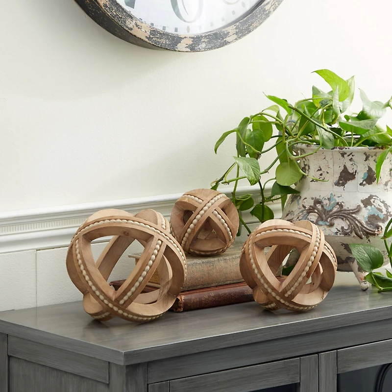 Wood Farmhouse Geometric Orb Sculpture Set