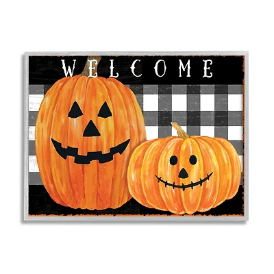 Stupell Industries Halloween Welcome Happy Pumpkins with Gray Frame Wall Accent