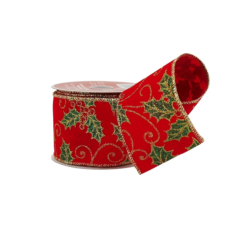 2.5" x 20ft. Red Glitter Holly Wired Ribbon by Celebrate It®