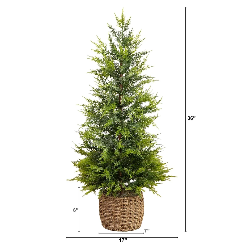 3ft. Pre-Lit Artificial Lightly Snowed Cypress Christmas Tree with 38 Warm White LED Lights in Decorative Weaved Basket