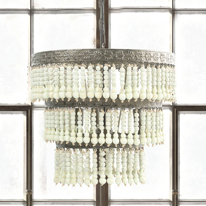 Hello Honey® 21.3" 3-Tier Round Metal Chandelier With 3 Lights & Hanging Wood Beads