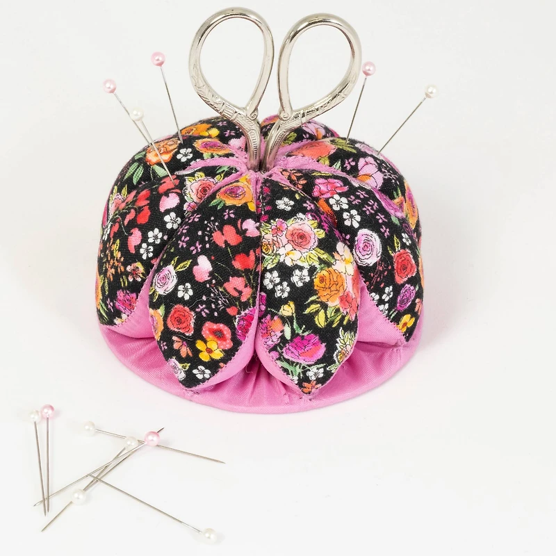 Dritz® Black & Pink Floral Pin Cushion with Scissors