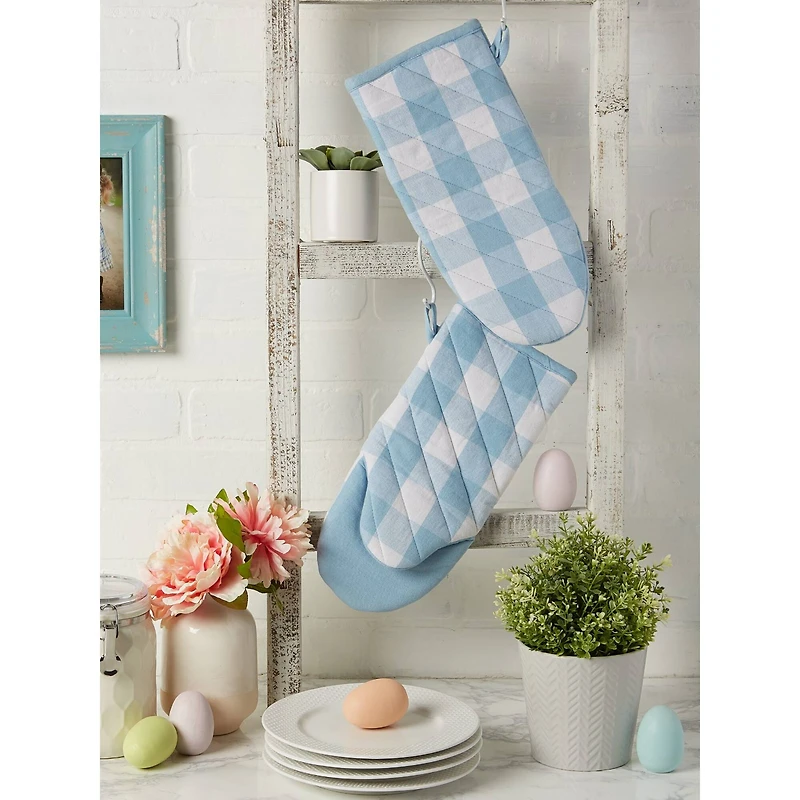 DII® White & Light Blue Buffalo Check Kitchen Textiles Oven Mitts, 2ct.