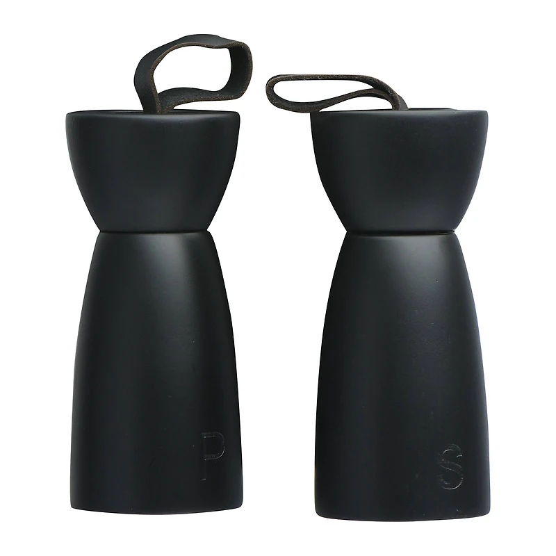 Hello Honey® Black Rubber Wood Salt & Pepper Mill with Leather Handle, 2ct.