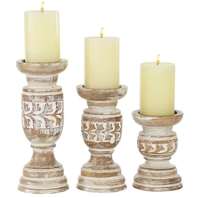 Beige Mango Wood Country Cottage Candle Holder Set