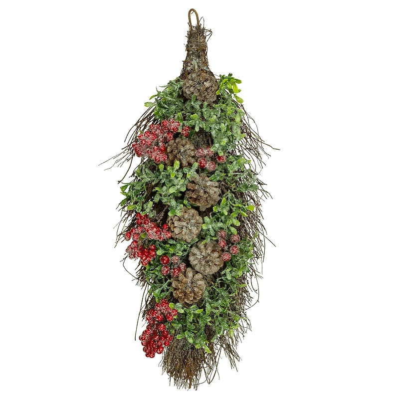 28" Unlit Glittered Boxwood, Pine Cones & Red Berry Teardrop Swag