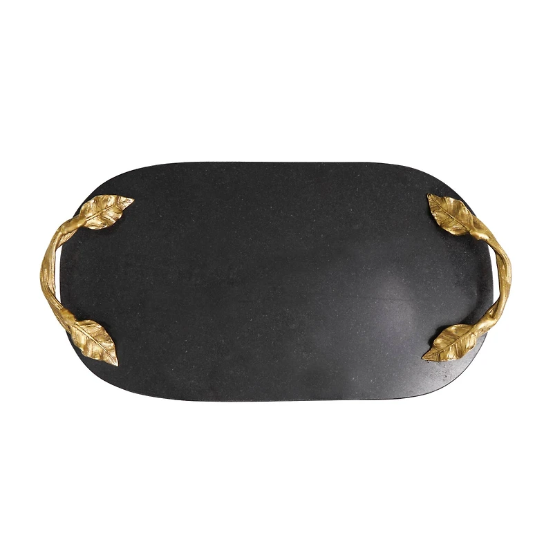 19" Black Marble Oval Tray with Gold Leaf Handles