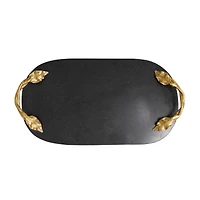 19" Black Marble Oval Tray with Gold Leaf Handles