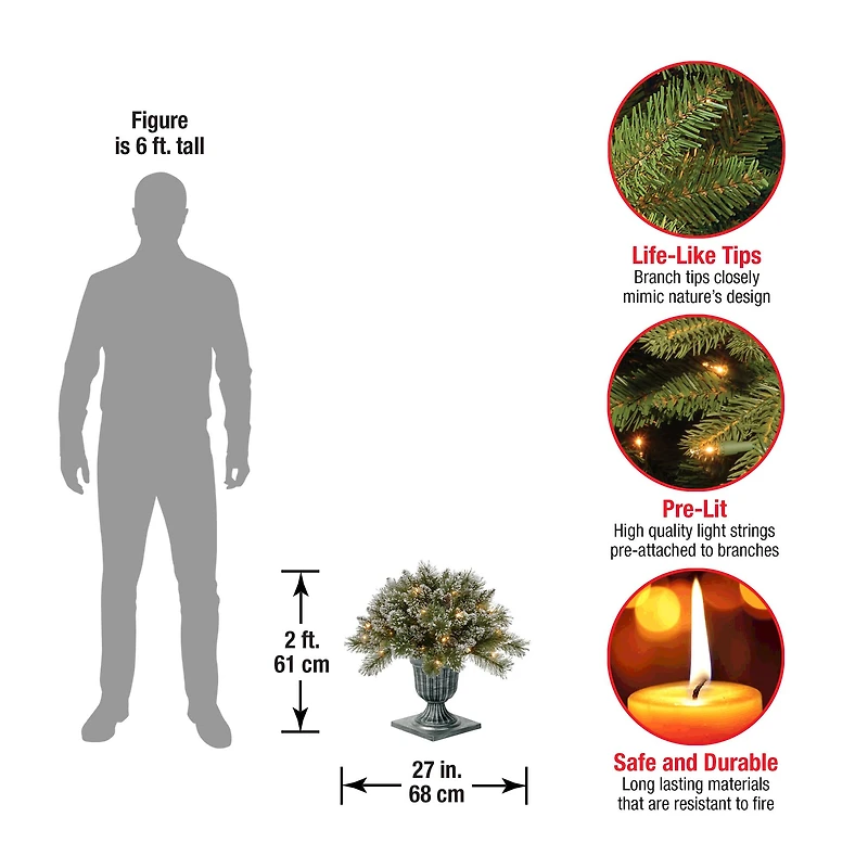 24" Glittery Bristle® Pine Porch Bush in Dark Bronze Plastic Urn with White Tipped Cones