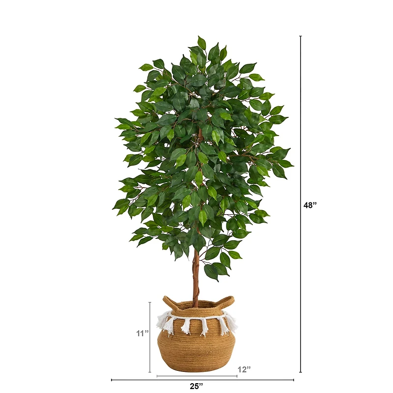 4ft. Ficus Artificial Tree in Boho Chic Handmade Natural Cotton Woven Planter with Tassels