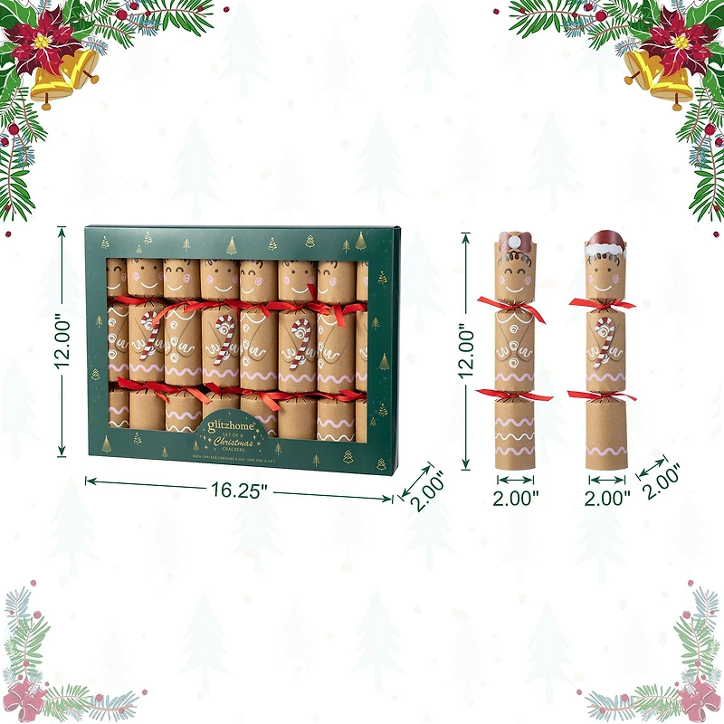 Glitzhome® 8PK 2"D x 12"H Gingerbread Man Christmas Party Crackers with Gift Contents