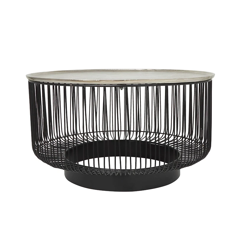 30" Black Metal Open Frame Wire Geometric Coffee Table with Silver Aluminum Top