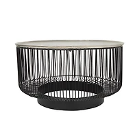30" Black Metal Open Frame Wire Geometric Coffee Table with Silver Aluminum Top