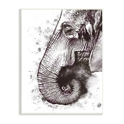 Stupell Industries Grey Elephant Curled Trunk Grey Paint Splatter Wall Plaque